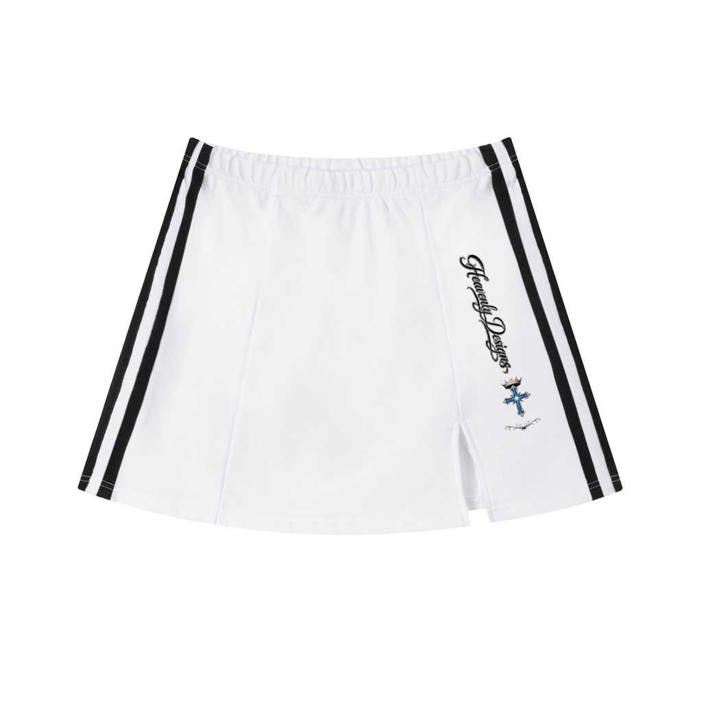 "Heavenly Designs", "Contrast Side Stripe Slit Skirt"," White and Black Stripe with Blue King Cross with Crown Logo