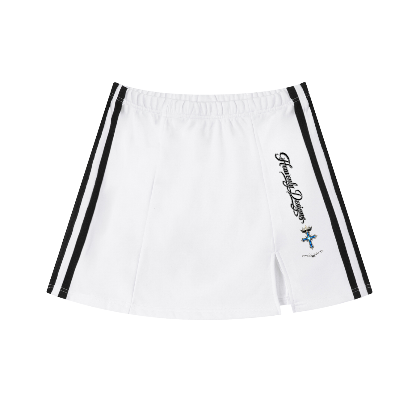 "Heavenly Designs", "Contrast Side Stripe Slit Skirt"," White and Black Stripe with Blue King Cross with Crown Logo